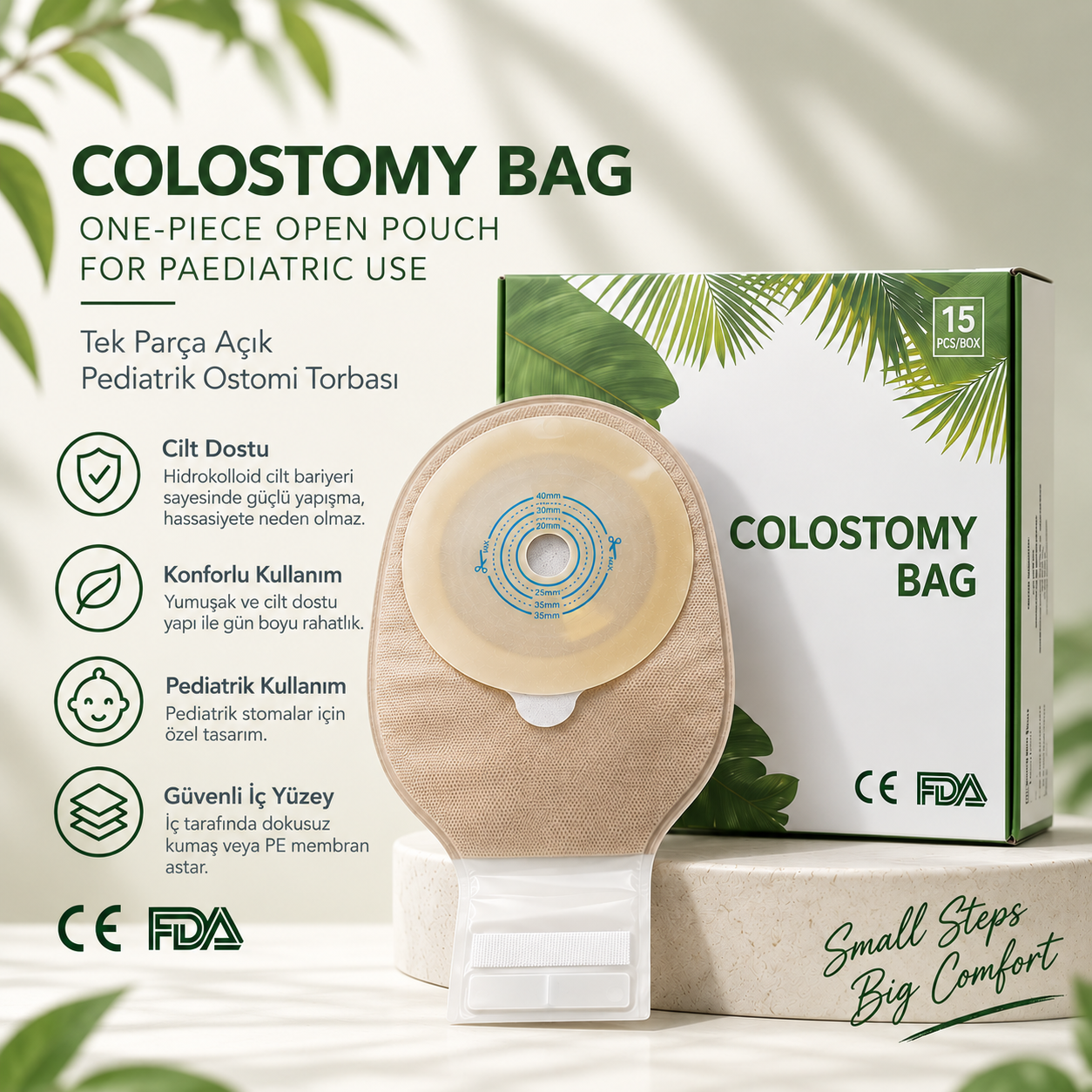 Innomed Tek Parça Açık Pediatrik Ostomi Torbası 20–40 mm Kesilebilir Hidrokolloid Bariyerli